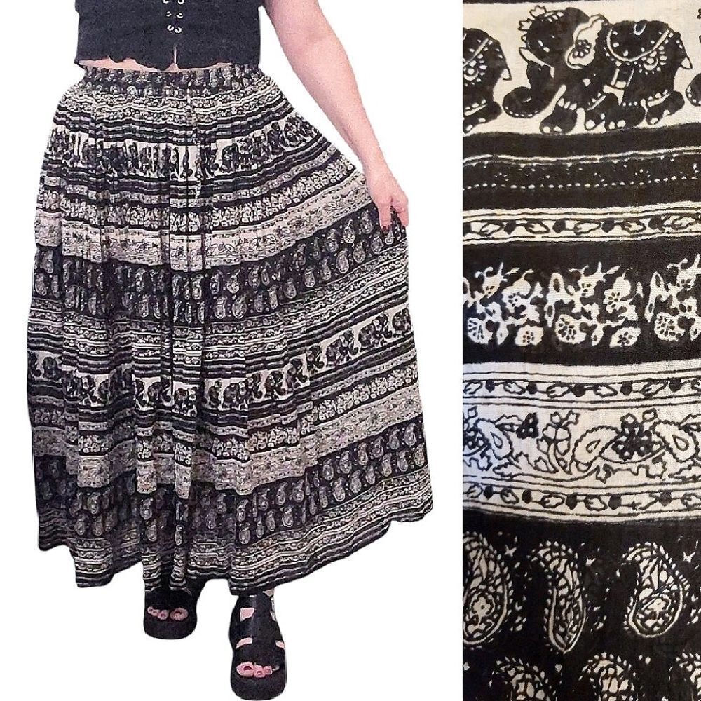 VTG Black White Elephant Paisley Print Pull On Cotton Boho Maxi Skirt Free Size